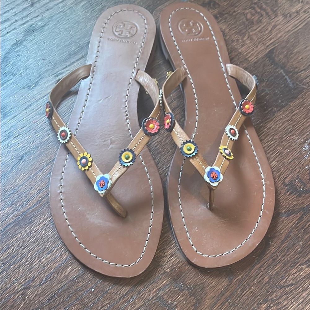 Tory Burch Brown Leather Sandals with Floral Accents - Picture 2 of 7